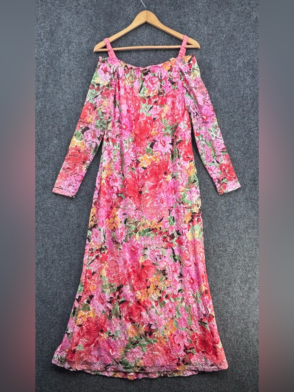 Marina Pink Floral Off Shoulder Lace Overlay Maxi Dress Women’s L Wedding Guest